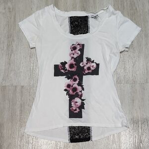 Express White Short-Sleeve Tee with Black Cross and Pink Floral Detail